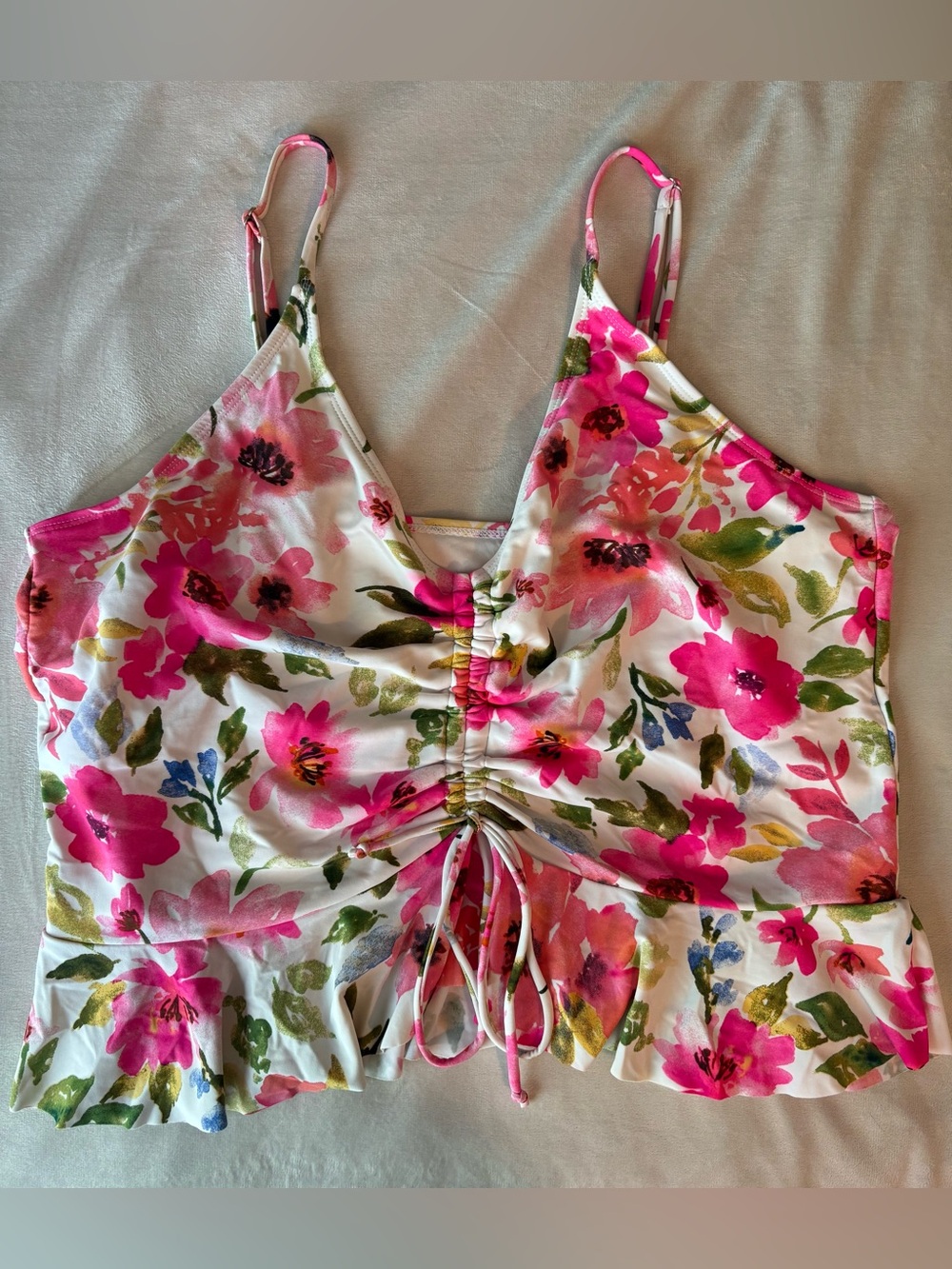 Coral Reef Swim Floral Drawstring Ruffle Bikini Top - Pink & Green